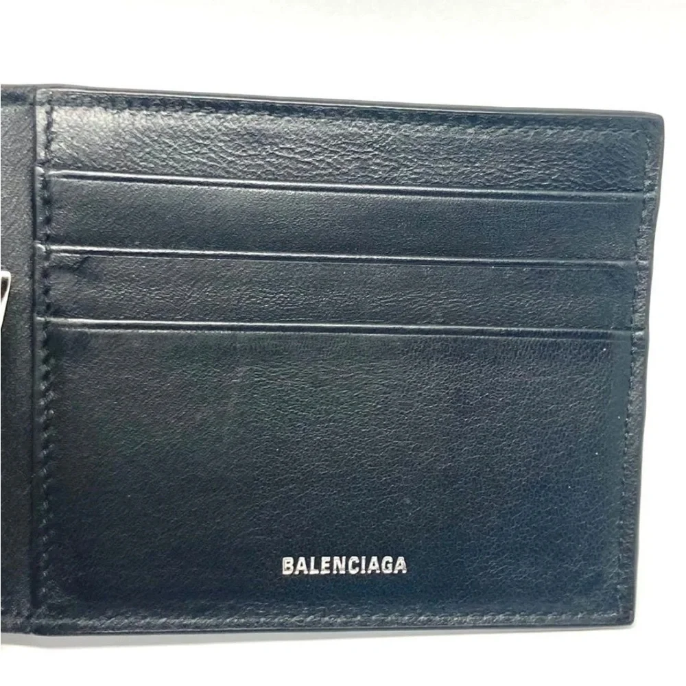Balenciaga Navy Leather Card Holder with Silver Logo